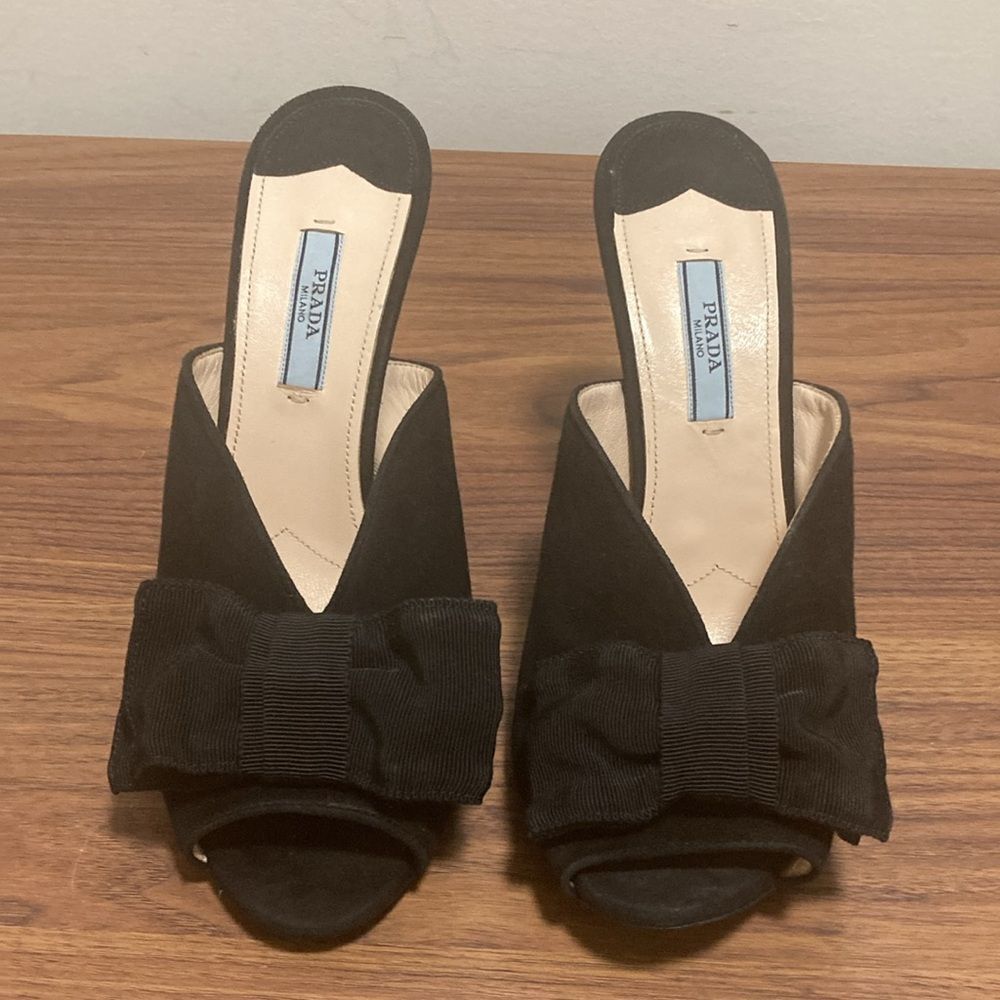 Prada Black Bow Suede Mules